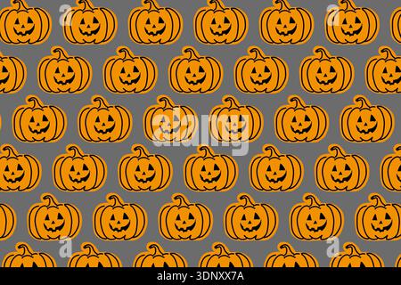 A seamless pattern of orange jack-o-lanterns on a dark gray background, perfect for Halloween-themed projects. The repeating pumpkins create a festive Stock Photo