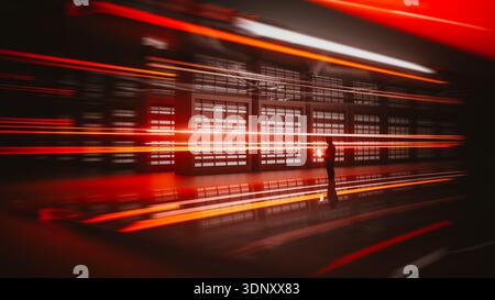 A technician is engaged with a laptop inside a cutting-edge data center. Bright lights create a dynamic atmosphere filled with technology. Stock Photo