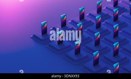 Mobile phones display vibrant graphical connections in a modern technology setting. The setup highlights innovation and digital interaction. Stock Photo