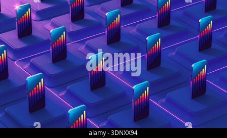 Mobile phones display vibrant graphical connections in a modern technology setting. The setup highlights innovation and digital interaction. Stock Photo