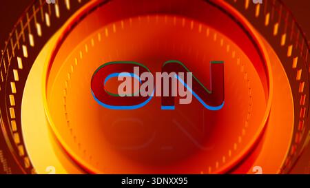 A vibrant, futuristic visual displays the word on, set against a glowing orange backdrop. The scene suggests energy and advanced technology. Stock Photo