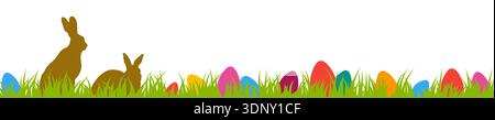 Colorful Easter banner with bunnies and eggs hidden on the grass. Easter border Stock Vector