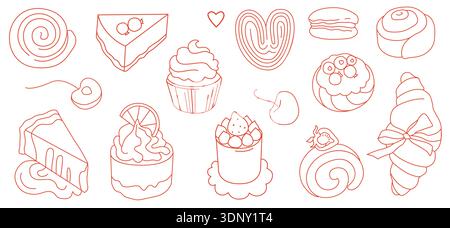 Bakery branding line icons set made of desserts, cakes and pastries for packaging and menu design and commercial use Stock Vector