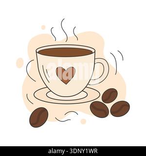 Steaming Cup of Hot Coffee with Heart Symbol and Fresh Beans Stock Vector