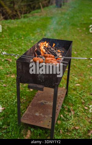 Grilling sausages over open fire on metal barbecue grill in backyard with green grass in fall. Stock Photo