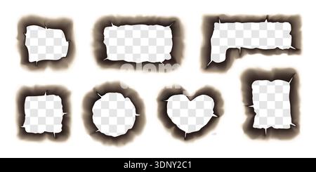 Burning hole in paper, fired edge of round, square and heart shape. Hot flame uneven faded ash frame, tear corners and fiery texture effect. Broken Stock Vector