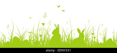 Easter vector illustration with cute Easter bunnies and Easter eggs hidden on the grass. Realistic natural landscape for Easter card, invitation, bann Stock Vector