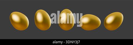 Golden Easter eggs displayed in rows, realistic 3D illustration with shiny metallic shells. Perfect for holiday designs, religious celebrations, and Stock Vector