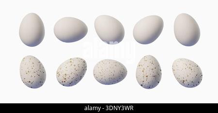 Set of realistic chicken white eggs and of Speckled eggs on white background. 3D vector illustration, perfect for Easter cards and modern breakfast Stock Vector