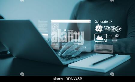 A professional user interacts with a Generative AI chatbot on a laptop, featuring digital icons for image and text generation. Stock Photo
