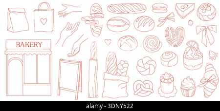 Bakery business branding kit of line art icons of bread, pastries, desserts, packaging and shop elements for menu or store design Stock Vector