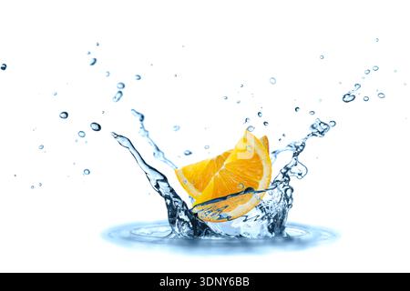 Two orange slices closeup in splashing water isolated on white background Stock Photo