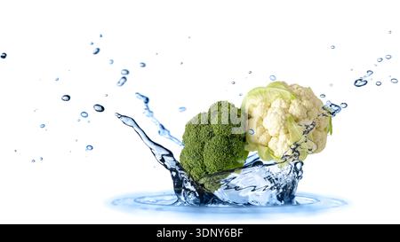 Cauliflower and broccoli  falling in splashing water  isolated on white background Stock Photo