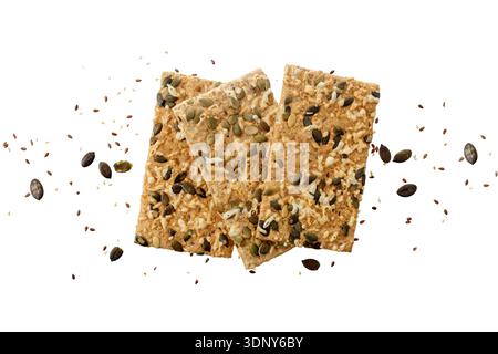 Pumpkin seeds and cheese crispy bread isolated on white background Stock Photo