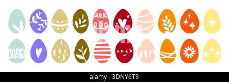 Hand drawn Easter egg icons collection. Set of 20 cute colorful Easter egg symbols on isolated background. Easter eggs with Easter bunny, happy Easter Stock Vector