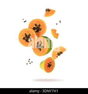 Papaya, Pawpaw, Tree melon (Carica papaya L.) slices falling  flying isolated on white background. Sliced tropical fruit. Stock Photo