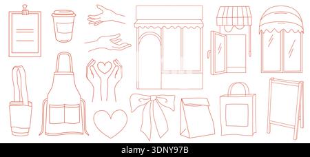 Cafe or coffee shop branding elements line art icons for packaging or business identity, storefront, menu, apron, signage, hands Stock Vector