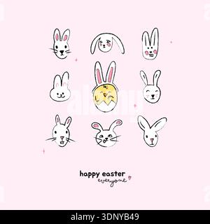 Easter rabbit card vector template. Happy Easter design with Easter bunny cute faces and funny chick wearing a bunny ears hat. Easter poster with lett Stock Vector