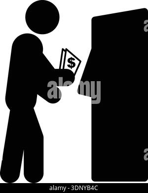 Cash Withdrawal ATM Icon – Money Transaction Human Symbol Human figure withdrawing cash from ATM machine. Represents money withdrawal Stock Vector