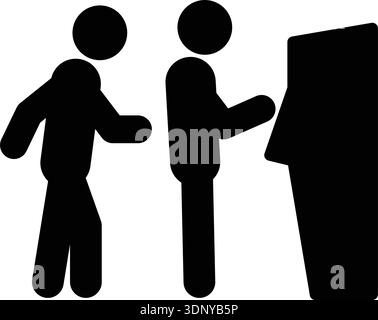 ATM Queue Icon – Bank Customer Waiting Pictogram Symbol Two people standing at ATM machine representing banking queue, customer service, public ATM us Stock Vector
