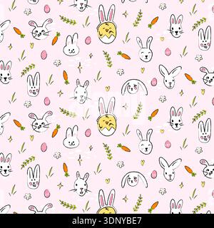 Easter background with Easter decorations seamless pattern. Easter pattern with Easter bunnies, chick with a rabbit ears hat. Cartoon style Easter bac Stock Vector