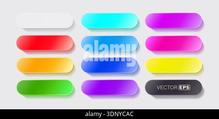 A set of colorful modern 3D web buttons. Glossy rounded rectangular labels or UI elements for design. Vector illustration. Stock Vector