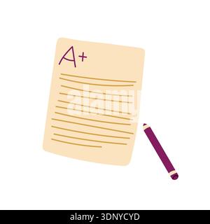 Student work done excellently. Paper sheet icon with A plus grade and pencil. Checking student assignments. Vector illustration. Stock Vector