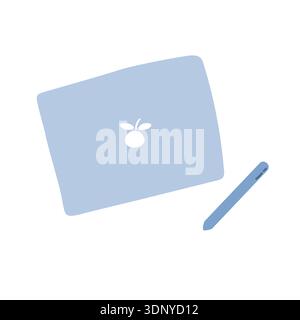 Tablet icon with funny logo in shape of stylized apple with leaves and stylus. Vector illustration for app icons, tech startups Stock Vector