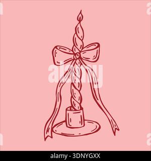 A beautiful vector illustration of a red candelabra featuring a twisted candle and a bow, elegantly placed on a soft pink background Stock Vector