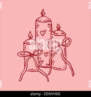 A vector illustration of three red burning candles adorned with hearts and bows on a soft pink background romantic and cozy Stock Vector