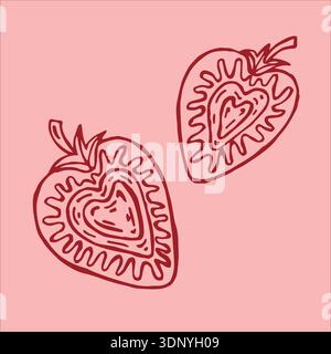 A vibrant vector illustration featuring halves of red strawberry berries on a soft pink background. Stock Vector