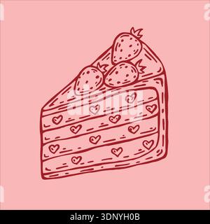 A delightful vector illustration of a slice of red strawberry cake decorated with heart-shaped accents, set against a soft pink background. Stock Vector