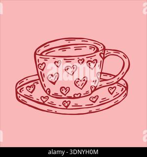 A charming vector illustration featuring a red tea set adorned with heart patterns, set against a soft pink background. Stock Vector