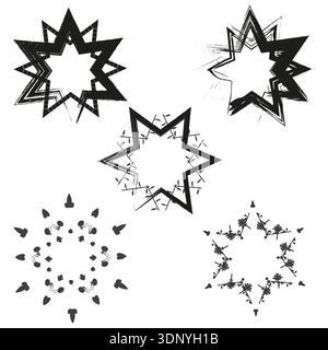 Black grunge star. Rough radial emblem. Vector abstract symbol. Sharp angular frame Stock Vector
