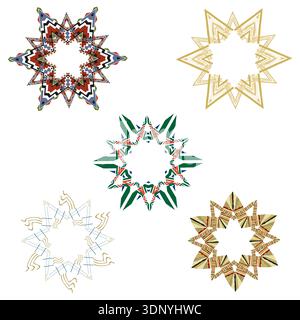 Mandala star icons. Colorful vector shapes. Ornate ethnic symbols. Vibrant floral set Stock Vector