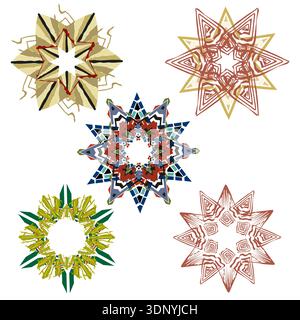 Golden star ornament. Red black accents. Vector radial emblem. Beige abstract shape Stock Vector