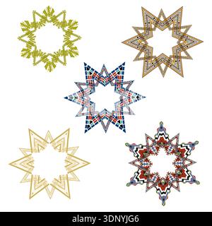 Golden star ornaments. Ethnic mandala shapes. Vector floral collection. Vibrant decorative symbols. Stock Vector