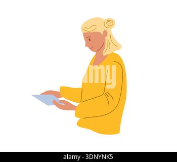 Blonde woman holds sheet of paper in hands and smiling reads something. Vector illustration for greeting cards, lifestyle blogs. Stock Vector