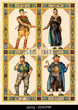 This vibrant 1934 illustration by Arthur Szyk depicts "The Four Sons" from the Passover Haggadah, a central narrative in Jewish tradition. Each son—the wise, the wicked, the simple, and the one who does not know how to ask—is characterized through distinctive attire and expressions, framed by intricate patterns and Hebrew text. Szyk's expressive style brings a rich cultural and religious commentary to life. Stock Photo