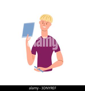 Young guy holds tablet and stylus in hand. Vector illustration for tech startups, creative software brands, online courses. Stock Vector