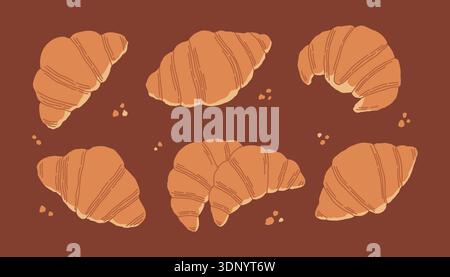 Flat vector croissant set in warm brown tones. Cute bakery illustrations perfect for cafe branding, food packaging, menus, posters, patterns, stickers Stock Vector