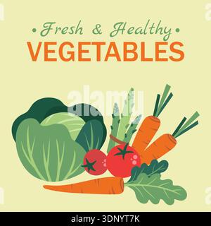Simple organic vegetable poster for a farmers' market. Salad set in a minimalist, hand-drawn, flat style. Healthy eating and fresh vegetables. Stock Vector