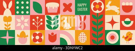 Vibrant geometric Easter banner featuring stylized floral tiles tulips egg and rabbit silhouettes Stock Vector