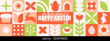 Pastel geometric easter banner with playful retro icons- bunny, egg, tulip, cake. HAPPY EASTER text warm peach coral mint palette flat modern.... Stock Vector