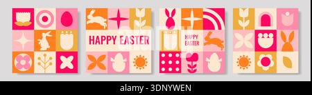 Easter geometric collage with warm palette featuring tiled icons of bunnies, eggs, tulips, suns, hearts in bold square blocks, coral and fuchsia accen Stock Vector