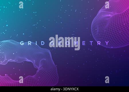 Abstract 3D wireframe background with purple and blue gradients. Futuristic grid geometry, digital mesh terrain and cosmic particles for technology, s Stock Vector