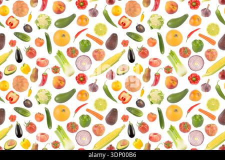 Big beautiful seamless pattern fresh fruits and vegetables isolated on white background. Stock Photo