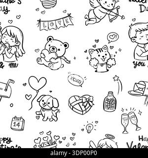 vector of valentine seamless pattern background, cute drawing cartoon of text happy Valentine day, pet, doll, champagne, couple, gift, mail box, love Stock Vector