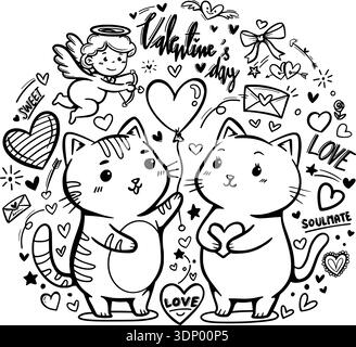 cute drawing cartoon of Valentine with two cat, heart, cupid, balloon, love letter, text outline isolated on white background Stock Vector
