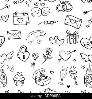 valentine seamless pattern background, cute drawing cartoon of heart, love, ring, rose, letter, Champagne, cup cake, key, calendar isolated on white Stock Vector